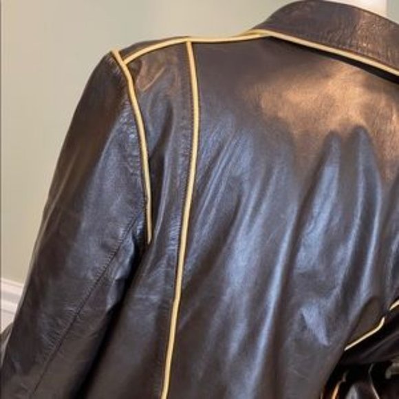 Rare vintage Mark Eisen collection brown leather coat with light tan piping - Picture 6 of 9